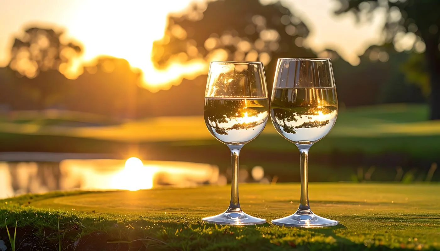 Zwei Gläser Weißwein im Abendlicht über dem Golfplatz