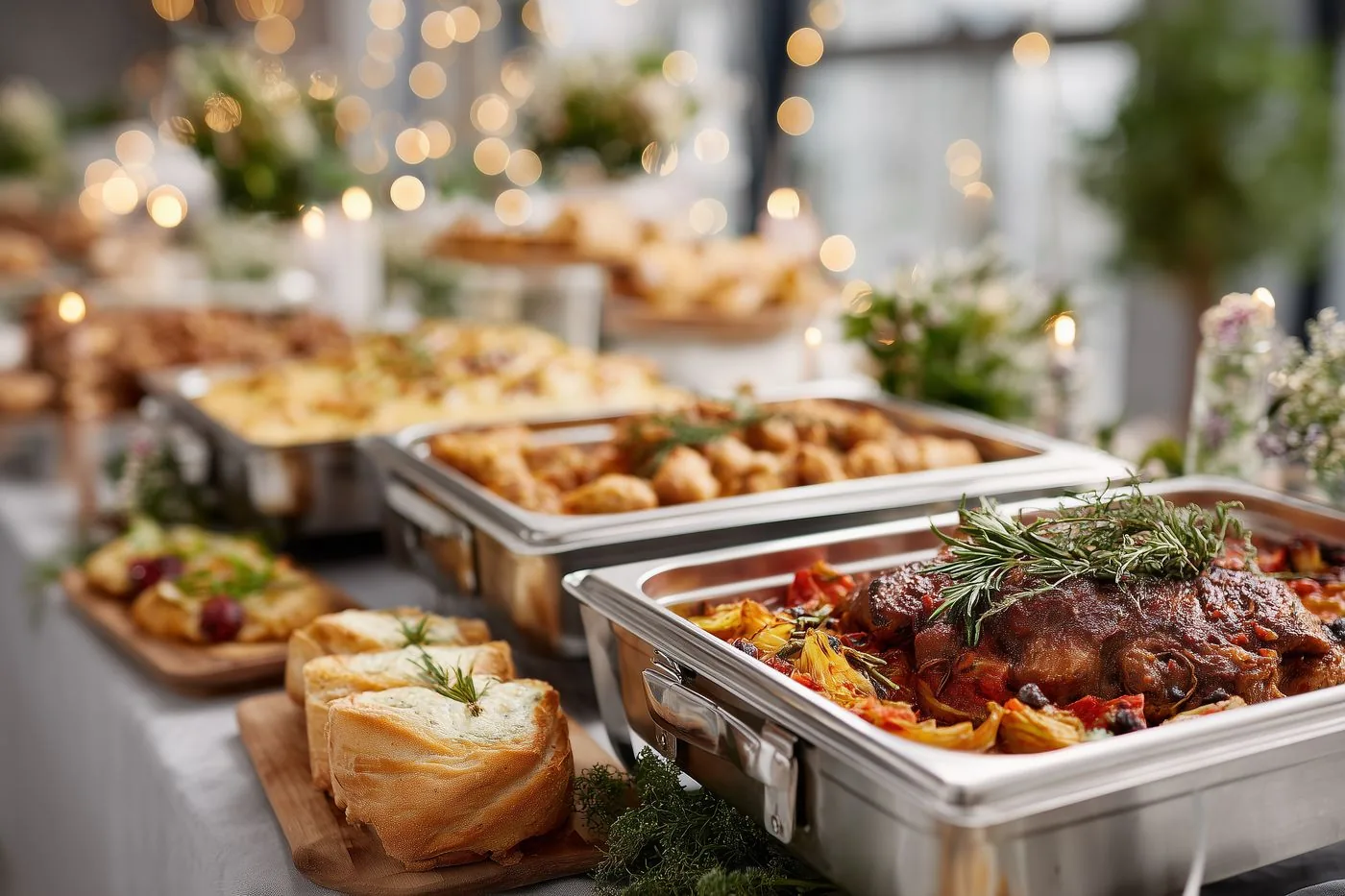 Festliches Catering-Buffet in Chafing Dishes