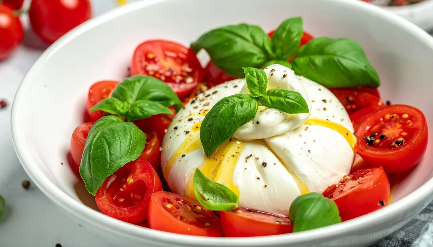 Burrata mit Tomaten und frischem Basilikum